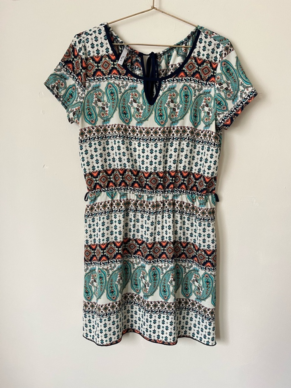 Yoyo 5 Teal Paisley Short Sleeve summer boho Mini Dress with Tie Neck S